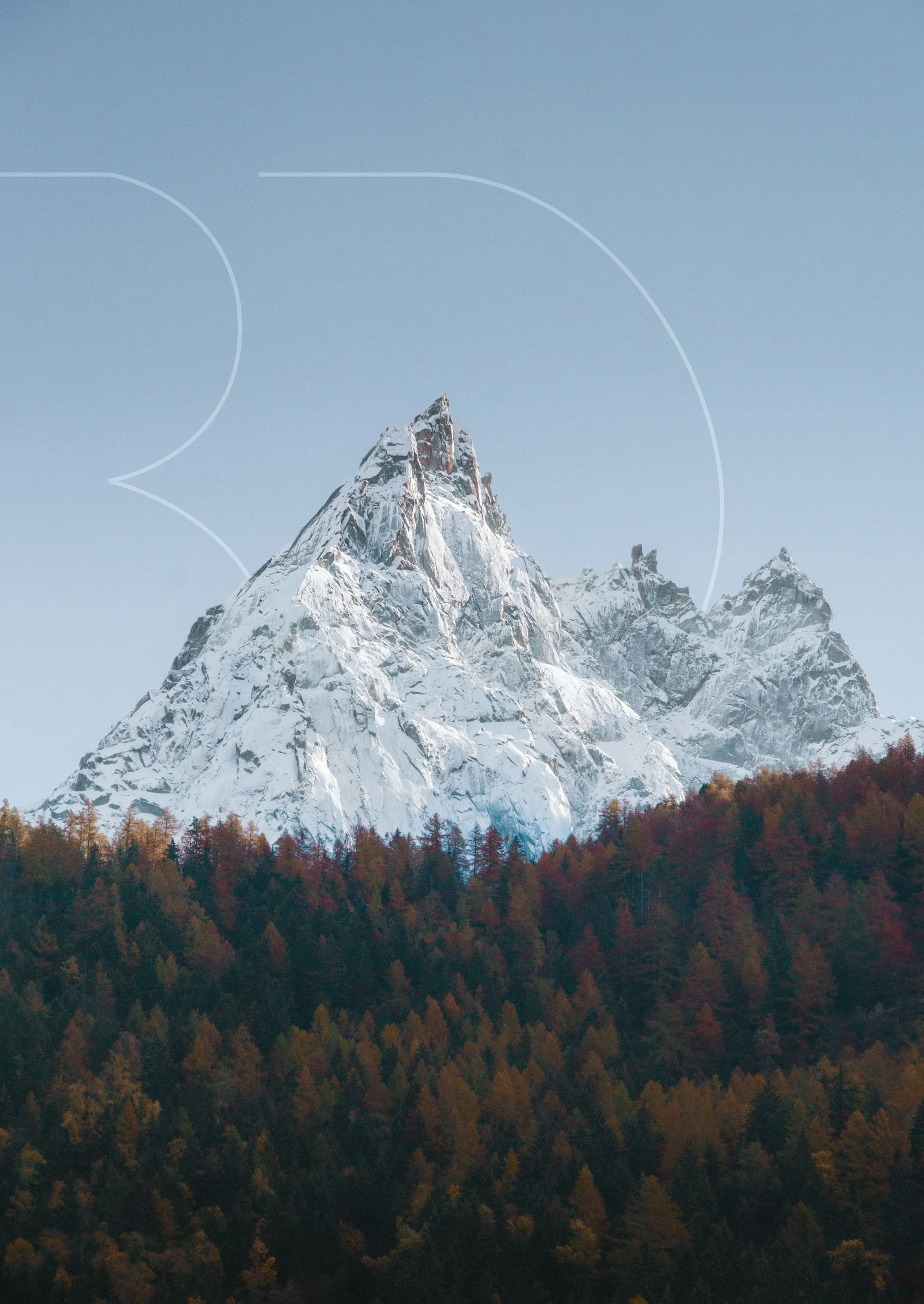 Snow-capped peak above a larch forest